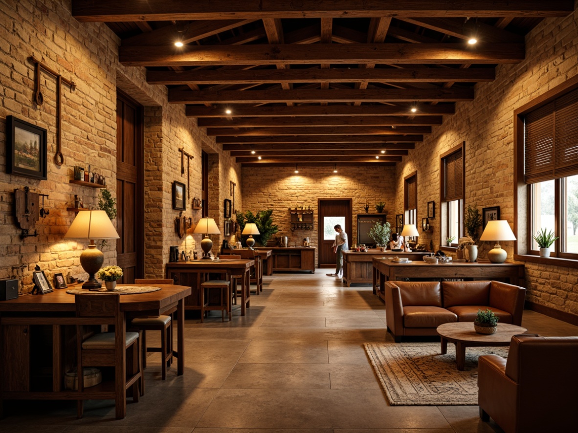 Prompt: Warm ambient lighting, rustic wooden beams, natural stone walls, vintage craft tools, wooden workbenches, woven textiles, earthy color palette, soft warm glow, table lamps, floor lamps, cozy reading nooks, comfortable seating areas, traditional craftsmanship, wooden ceiling trusses, exposed brick walls, industrial metal accents, distressed wood finishes, rich leather upholstery, warm beige tones, inviting atmosphere, 1/2 composition, softbox lighting, subtle shadows, realistic textures.