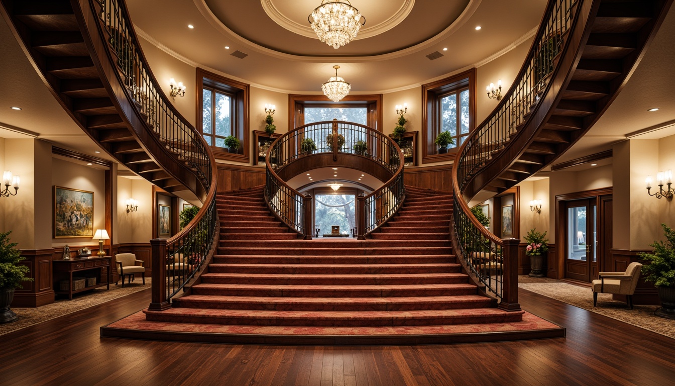 Prompt: Grand staircase, ornate metal banisters, polished wooden handrails, curved lines, luxurious carpeting, soft warm lighting, shallow depth of field, 3/4 composition, panoramic view, realistic textures, ambient occlusion, opulent chandelier, dramatic ceiling height, elegant wall decor, sophisticated color palette, statement piece artwork, refined furniture pieces, lavish upholstery fabrics.