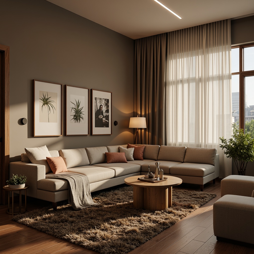 Prompt: Cozy living room, sectional sofas, coffee tables, floor lamps, plush area rugs, minimalist decor, functional layout, optimal traffic flow, conversational seating arrangements, harmonious color schemes, warm ambient lighting, 1/1 composition, shallow depth of field, realistic textures, ambient occlusion.