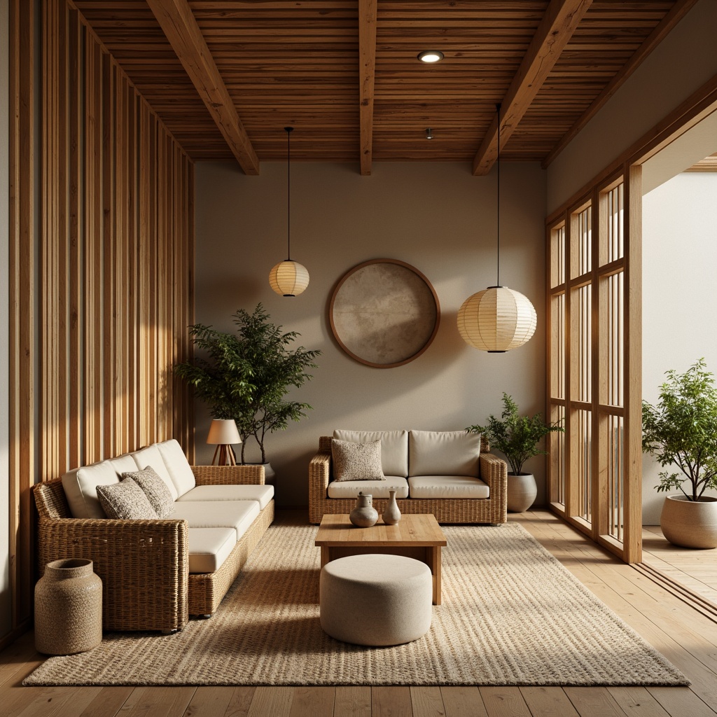 Prompt: Asian-inspired interior, natural materials, sustainable wood accents, bamboo flooring, woven rattan furniture, eco-friendly paint, organic textiles, handmade paper lanterns, minimal ornamentation, subtle color palette, soft warm lighting, shallow depth of field, 3/4 composition, realistic textures, ambient occlusion.