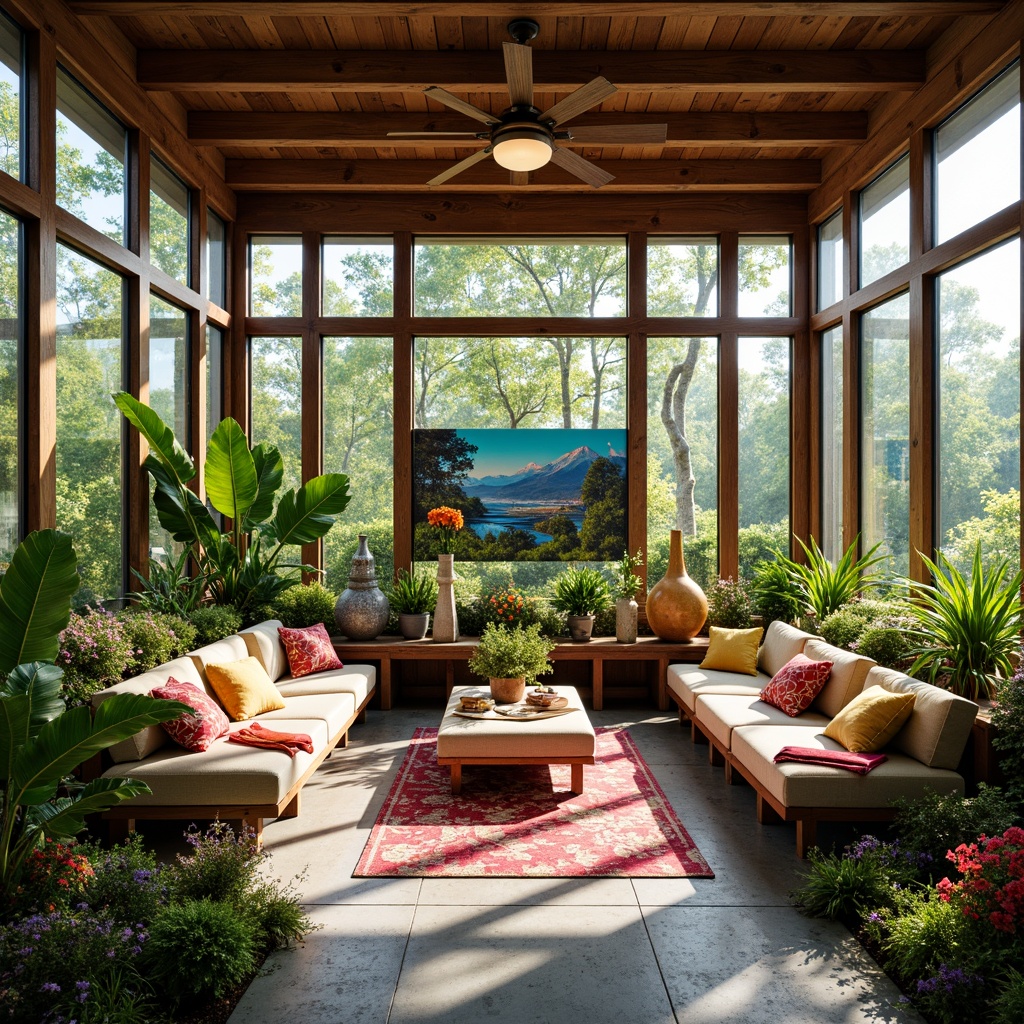 Prompt: Vibrant sunroom interior, lush greenery, eclectic art pieces, abstract sculptures, colorful textiles, plush throw pillows, natural stone floors, reclaimed wood accents, oversized windows, panoramic views, soft warm lighting, shallow depth of field, 1/1 composition, realistic textures, ambient occlusion, expressionist color palette, bold brushstrokes, emotive gestures, whimsical patterns, tropical plants, exotic flowers, sunny day, gentle breeze.