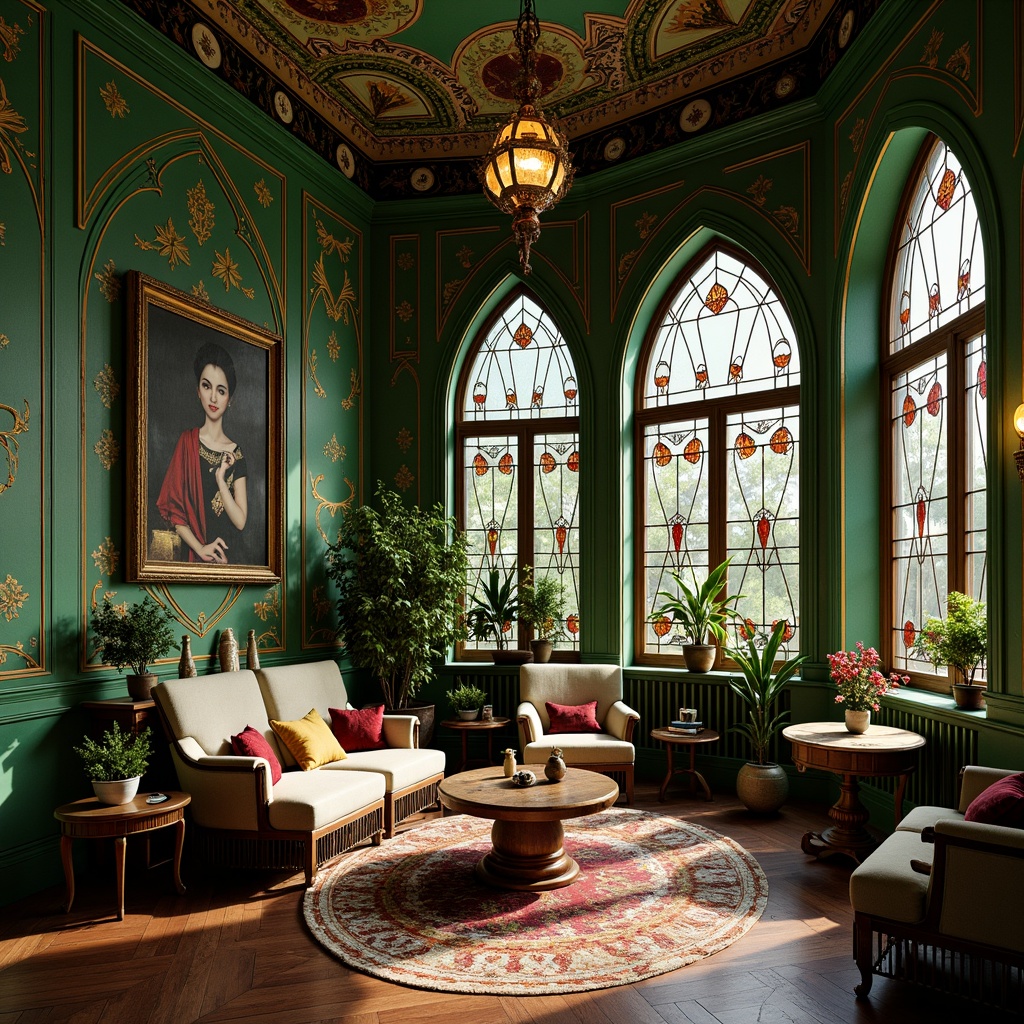 Prompt: \Opulent Art Nouveau interior, rich jewel tones, emerald green walls, golden accents, intricate ornate patterns, flowing organic lines, sinuous curves, velvety soft fabrics, luxurious silk upholstery, polished wooden floors, ornate metalwork, stained glass windows, warm candlelight, dramatic shadows, 1/1 composition, shallow depth of field, vibrant colorful textures, ambient occlusion.\