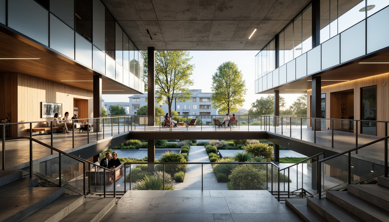 Prompt: Modern open space staircase, sleek metal railings, minimalist design, abundant natural light, floor-to-ceiling windows, transparent glass balustrades, suspended LED lighting fixtures, warm ambiance, soft diffused glow, indirect cove lighting, subtle shadow effects, 3/4 composition, shallow depth of field, panoramic view, realistic textures, ambient occlusion.