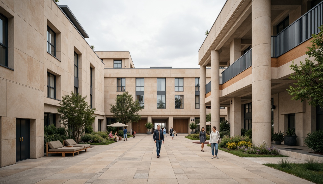 Prompt: Neutral-toned government buildings, warm beige stone walls, soft cream-colored columns, rich dark wood accents, polished brass hardware, subtle blue-grey glass fa\u00e7ades, elegant minimalist landscaping, calm serene atmosphere, overcast day, soft diffused lighting, shallow depth of field, 2/3 composition, realistic textures, ambient occlusion.