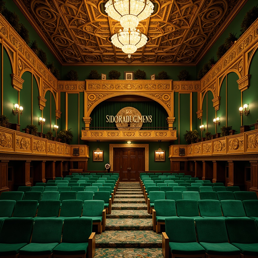 Prompt: \Opulent auditorium, rich jewel tones, emerald green walls, golden accents, ornate details, flowing curves, organic patterns, luxurious velvet fabrics, intricate moldings, grand chandeliers, dramatic spotlights, warm golden lighting, shallow depth of field, 1/2 composition, symmetrical architecture, Art Nouveau inspired motifs, elegant typography, refined ornaments, lavish decorations, sophisticated ambiance.\