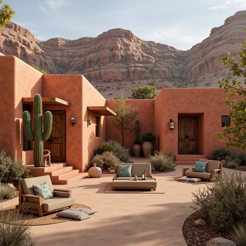 Prompt: \Southwestern landscape, adobe architecture, warm earthy tones, terracotta red walls, sandy beige floors, turquoise accents, vibrant Native American patterns, woven textiles, rustic wooden doors, distressed metal details, cacti silhouettes, vast desert skies, golden hour soft light, shallow depth of field, 1/2 composition, realistic rock formations, ambient occlusion.\