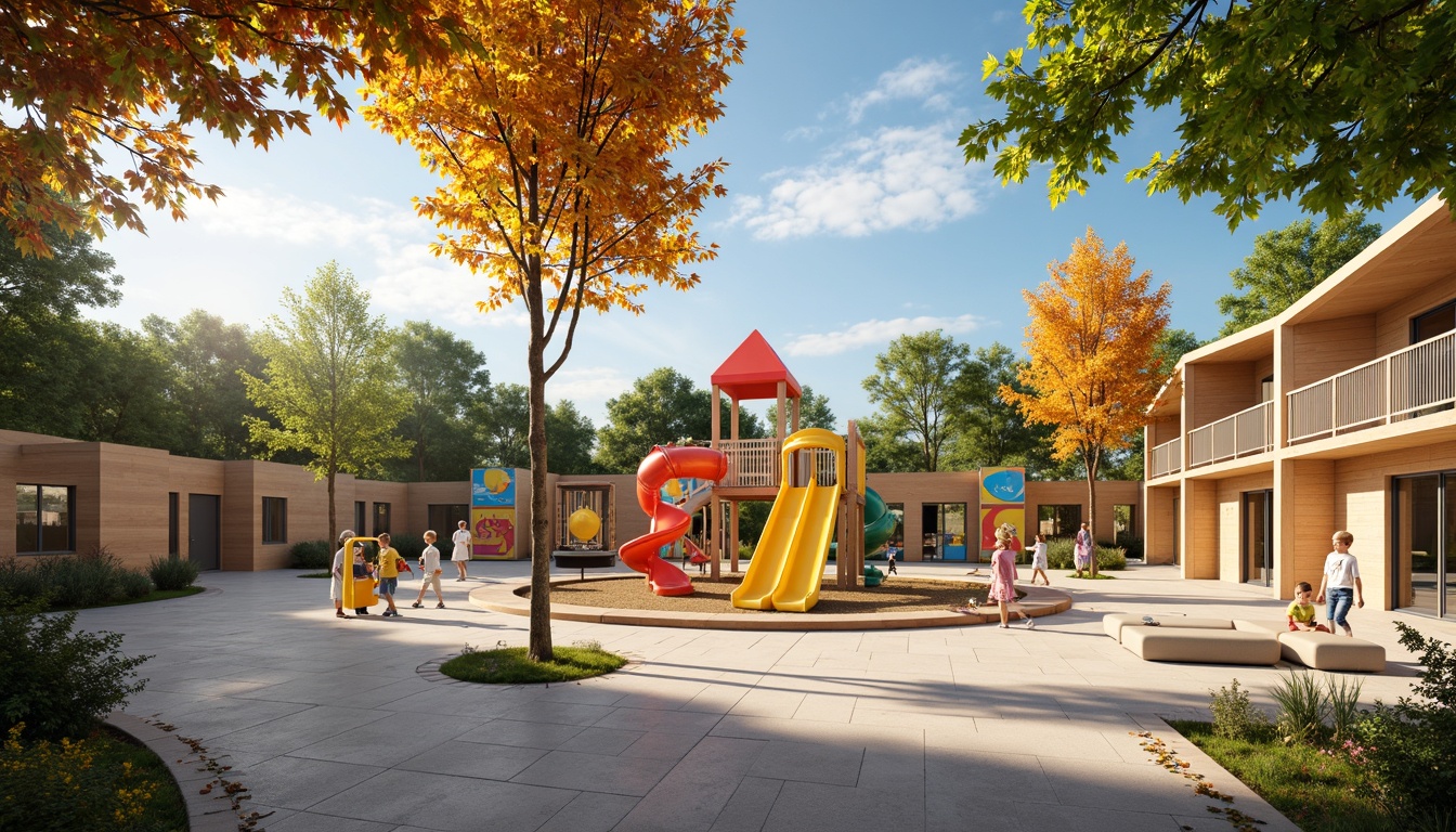 Prompt: Vibrant kindergarten playground, colorful slides, climbing frames, swings, sandbox, water play areas, educational toys, interactive exhibits, natural wood accents, soft cushions, playful murals, bright warm lighting, shallow depth of field, 1/1 composition, panoramic view, realistic textures, ambient occlusion.