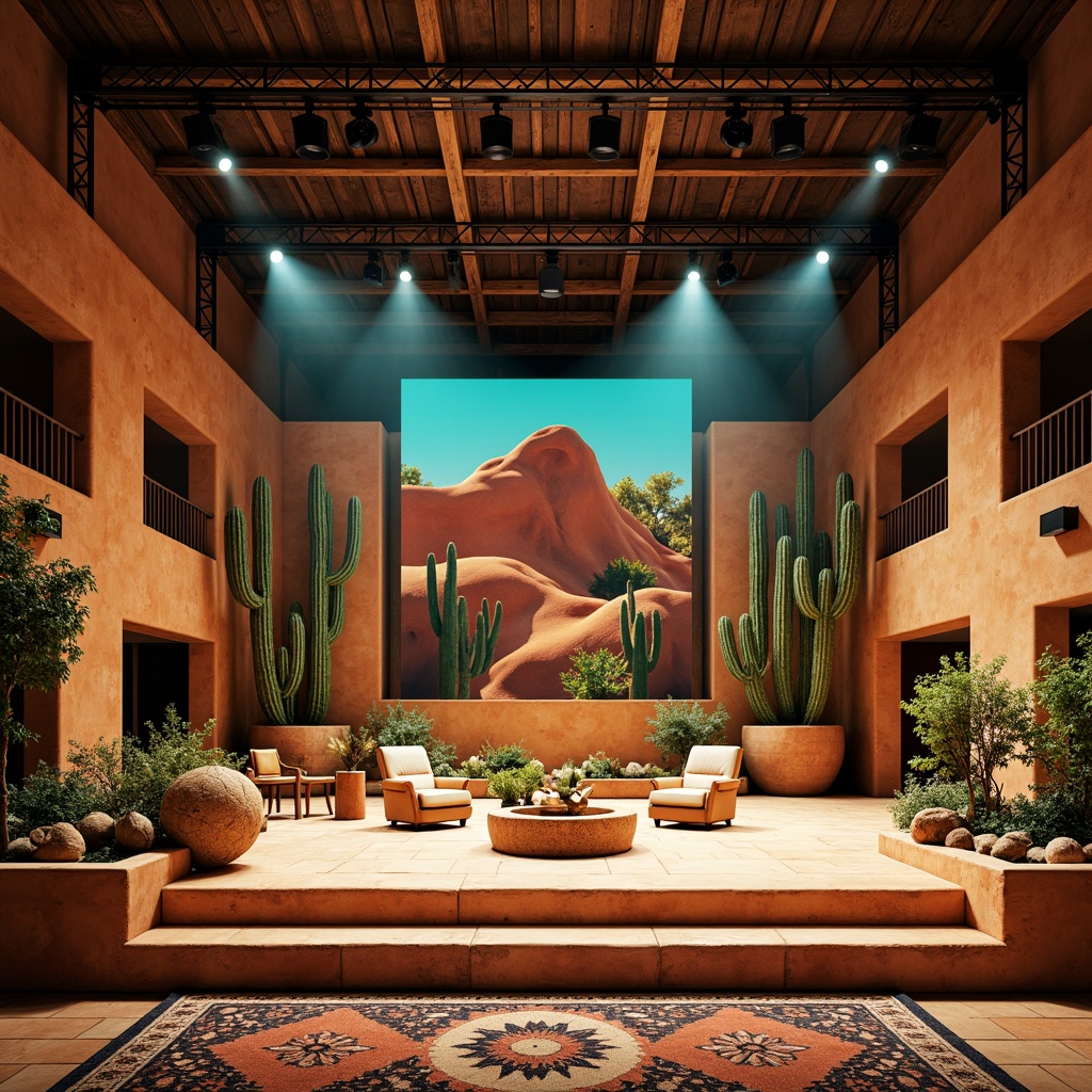 Prompt: Vibrant southwestern stage, rustic wooden accents, turquoise and terracotta hues, adobe-inspired architecture, earthy textures, natural stone walls, desert flora, cacti plants, warm sandy tones, dramatic spotlights, soft ambient lighting, shallow depth of field, 3/4 composition, panoramic view, realistic shadows, ambient occlusion, modern innovative stage technology, sleek metal structures, dynamic LED lights, eclectic southwestern patterns, colorful textiles, intricate geometric motifs.