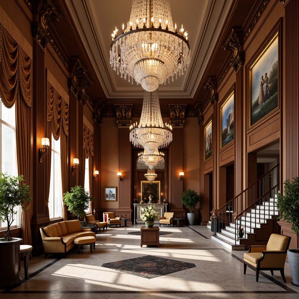 Prompt: Elegant hotel lobby, ornate mirrors, crystal chandeliers, rich wood paneling, marble floors, Corinthian columns, carved furnishings, intricate moldings, luxurious fabrics, subtle gold accents, soft warm lighting, shallow depth of field, 1/2 composition, symmetrical framing, realistic textures, ambient occlusion, classic oil paintings, vintage sculptures, grand staircases, lavish drapery.