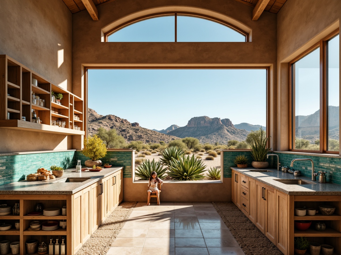 Prompt: Southwestern laboratory, rustic wooden cabinets, granite countertops, earthy tones, natural stone backsplashes, metallic equipment, stainless steel sinks, modern faucets, industrial lighting, high ceilings, large windows, desert landscape views, cactus plants, sandy dunes, hot sunny day, clear blue sky, vibrant turquoise accents, geometric patterned tiles, woven textiles, warm beige walls, minimalist decor, ambient occlusion, shallow depth of field, 3/4 composition, panoramic view, realistic textures.