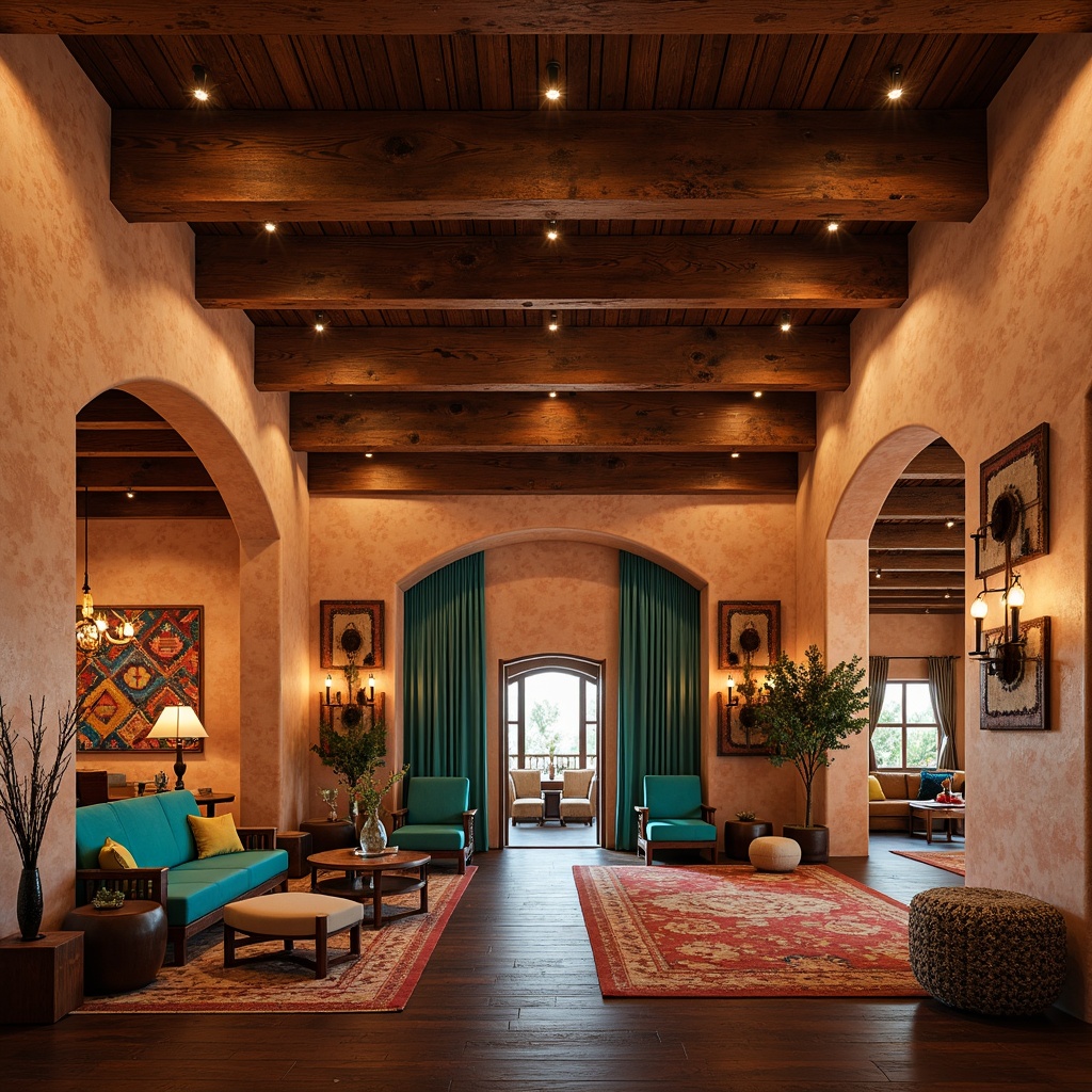 Prompt: Vibrant turquoise accents, natural adobe architecture, earthy terracotta tones, rustic wooden beams, woven tapestries, colorful Navajo patterns, geometric shapes, warm ambient lighting, cozy intimate spaces, curved lines, organic forms, handcrafted details, soft plush seating, rich velvet curtains, dark wood floors, acoustic panel installations, sound-absorbing materials, optimized speaker placement, warm golden spotlights, 3/4 composition, shallow depth of field, realistic textures.