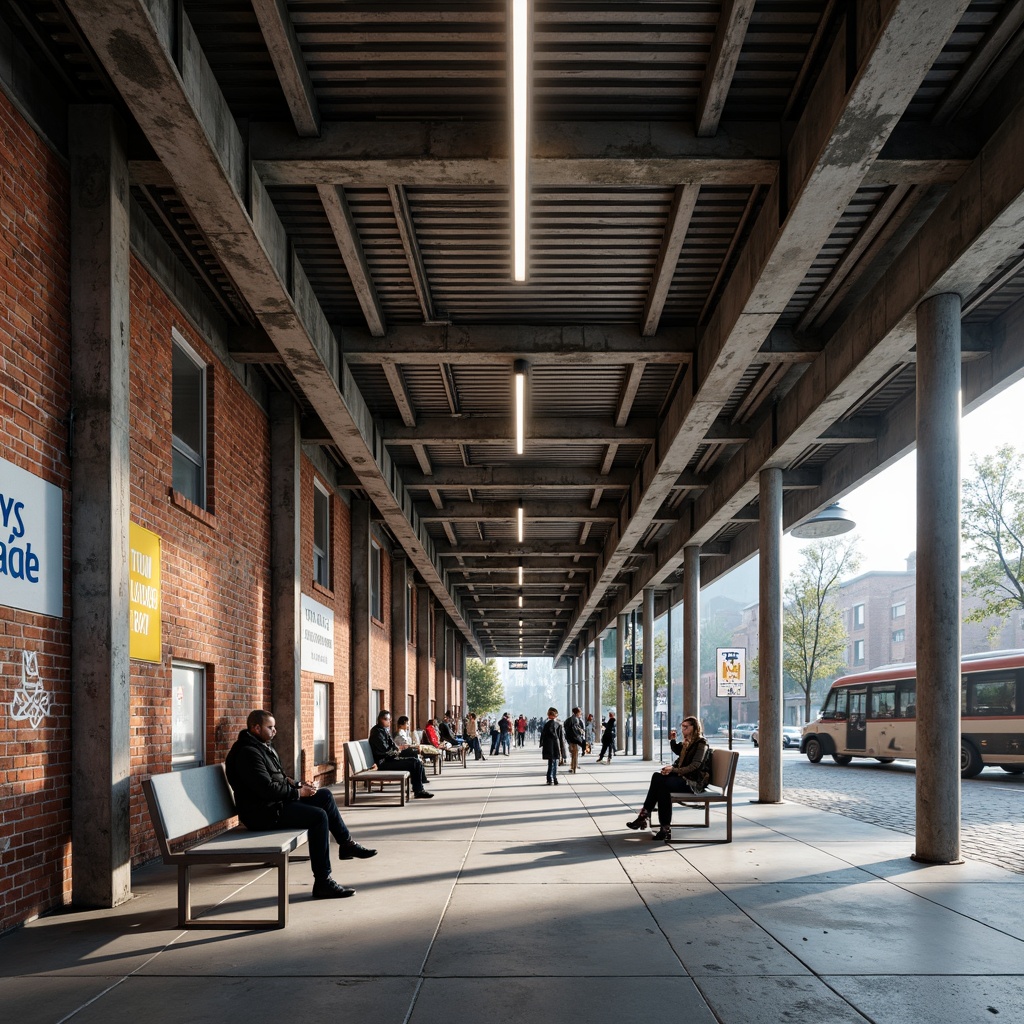 Prompt: Industrial-style bus station, exposed brick walls, metal beams, concrete flooring, modern LED lighting, sleek benches, minimalist design, stainless steel frames, urban atmosphere, busy city life, morning rush hour, natural light pouring in, shallow depth of field, 1/2 composition, symmetrical balance, bold color accents, graffiti-inspired murals, distressed textures, edgy metallic tones.