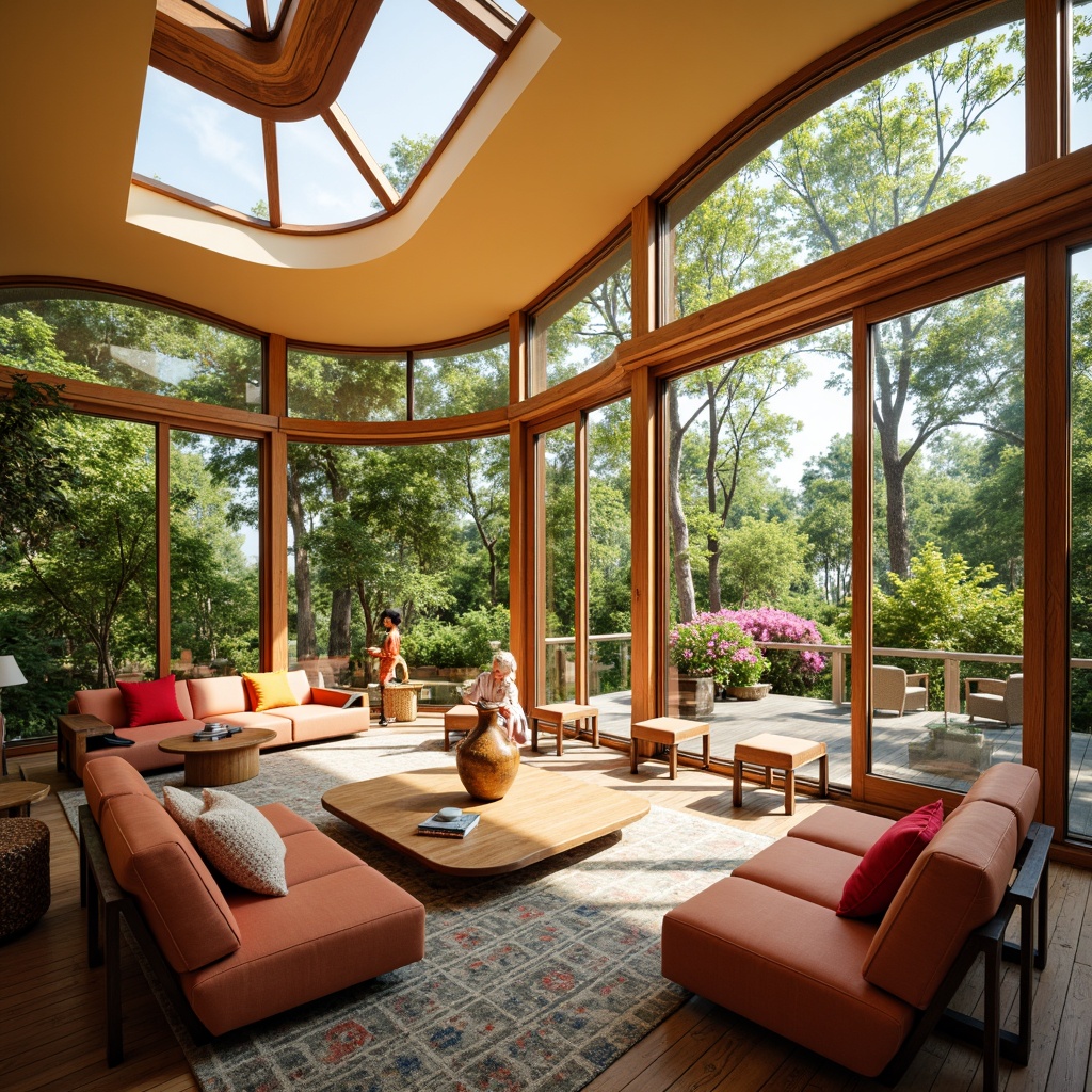 Prompt: Vibrant sunroom, expressionist architecture, curved lines, bold colors, natural light, open space, airy atmosphere, modern furniture, sleek coffee tables, abstract sculptures, geometric patterns, floor-to-ceiling windows, sliding glass doors, lush greenery, blooming flowers, sunny day, warm soft lighting, shallow depth of field, 1/1 composition, panoramic view, realistic textures, ambient occlusion.