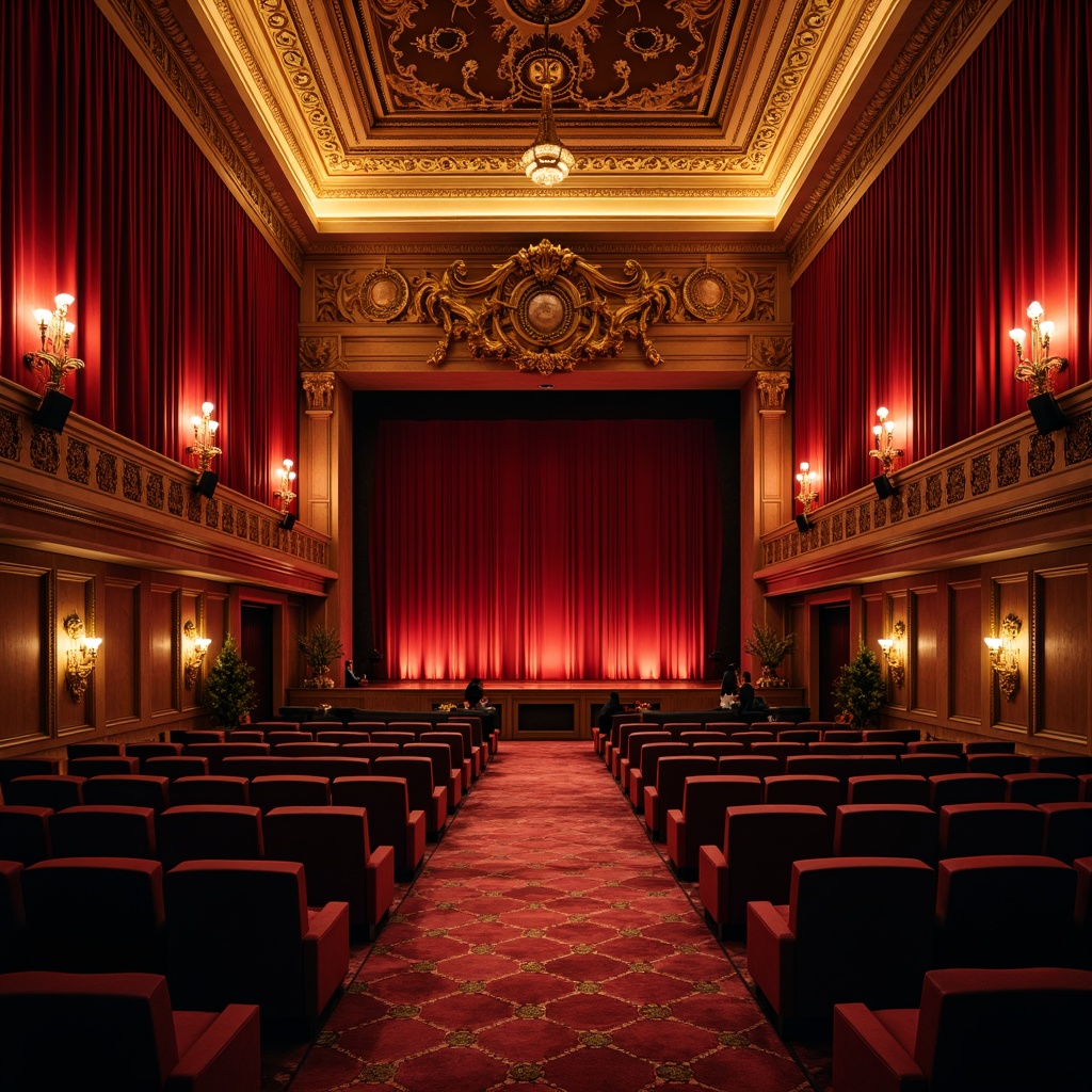 Prompt: Luxurious cinema interior, rich red velvet curtains, ornate golden decorations, dramatic spotlights, soft warm glow, cinematic ambiance, cozy seating areas, premium sound systems, immersive audio experiences, crystal chandeliers, grand entranceways, opulent furnishings, intricate molding details, high ceilings, majestic architecture, evening atmosphere, low-key lighting, cinematic color palette, 1/1 composition, shallow depth of field, realistic textures, ambient occlusion.