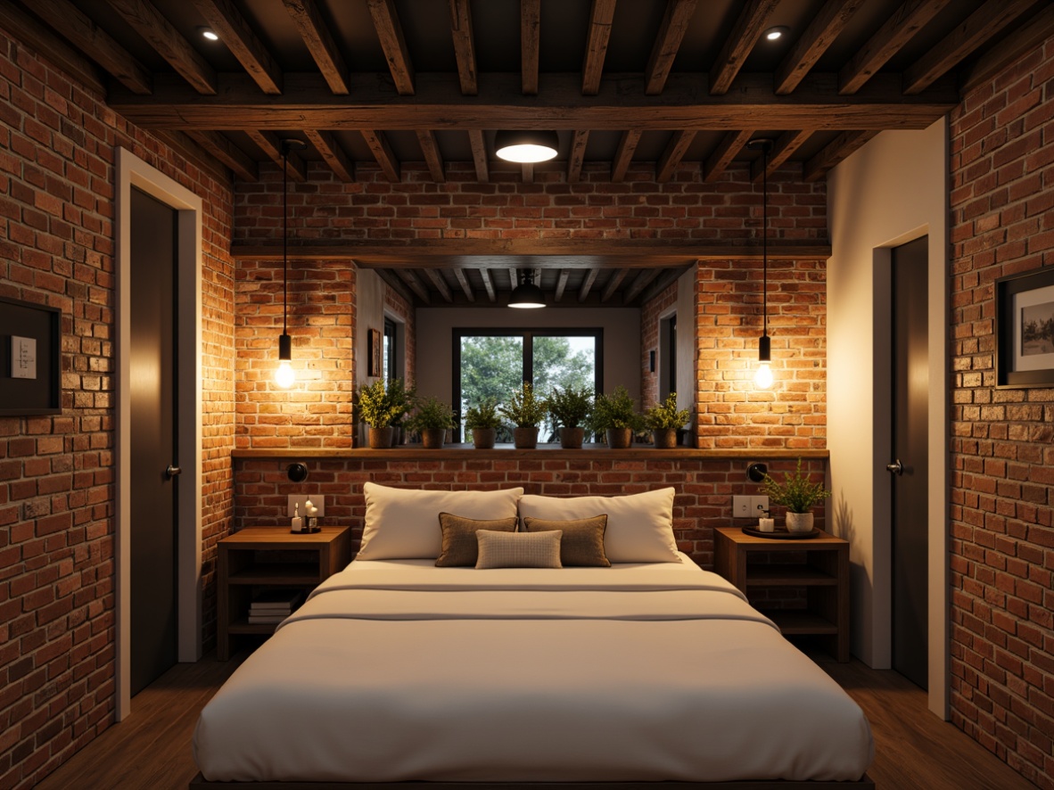 Prompt: Exposed brick walls, metal beams, industrial chic decor, reclaimed wood accents, distressed finishes, urban loft atmosphere, dimmable overhead lighting, pendant lamps, metal shades, Edison bulbs, warm ambient glow, task lighting, under-bed illumination, floor lamps, minimalist switch plates, industrial-style fixtures, matte black finishes, rustic metal tones, cozy reading nook, soft warm lighting, shallow depth of field, 1/1 composition, realistic textures.