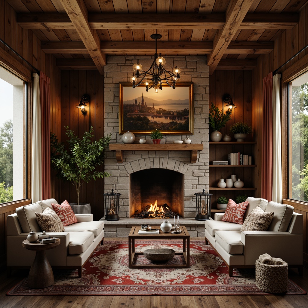 Prompt: Rustic wooden accents, exposed beams, natural stone fireplaces, earthy color palette, rich wood tones, luxurious fabrics, vintage furniture pieces, ornate metalwork, distressed finishes, warm cozy lighting, ambient shadows, shallow depth of field, 2/3 composition, intimate camera angle, realistic textures, soft focus effect.