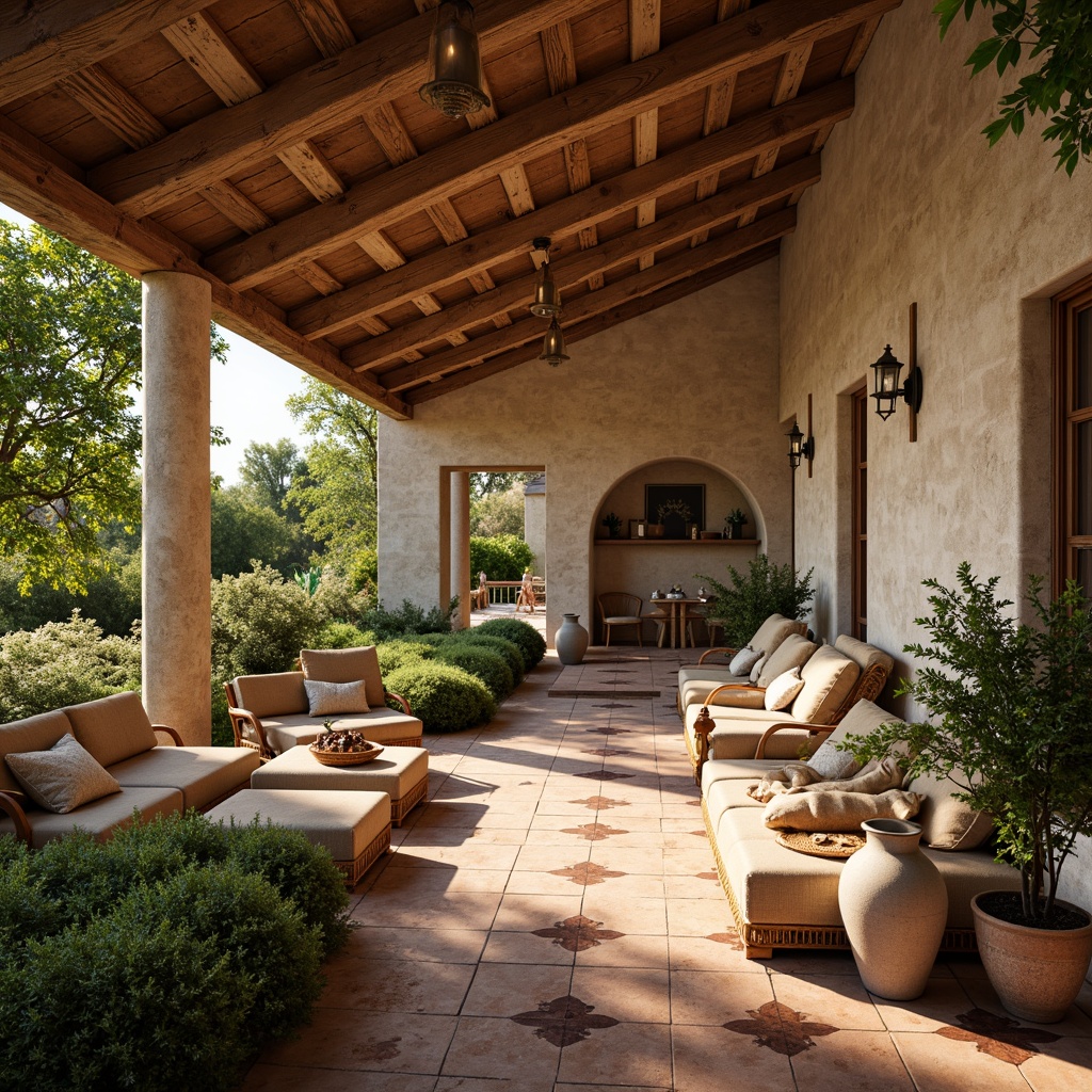 Prompt: Rustic countryside villa, soft golden light, distressed stone walls, earthy terracotta flooring, elegant tile patterns, fleur-de-lis motifs, warm beige ceramics, vintage wooden beams, ornate metal fixtures, lush greenery, blooming flowers, tranquil atmosphere, shallow depth of field, 1/1 composition, natural textures, ambient occlusion.