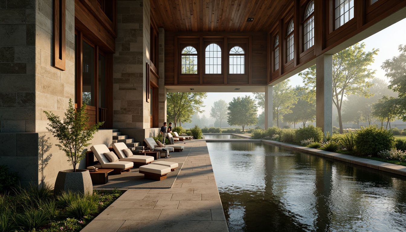 Prompt: Streamlined monastery, serene ambiance, textured stone walls, rustic wooden accents, stained glass windows, modern minimalist decor, sleek metal fixtures, natural light pouring in, gentle water flow, lush greenery surroundings, misty morning atmosphere, soft warm lighting, shallow depth of field, 3/4 composition, panoramic view, realistic textures, ambient occlusion.