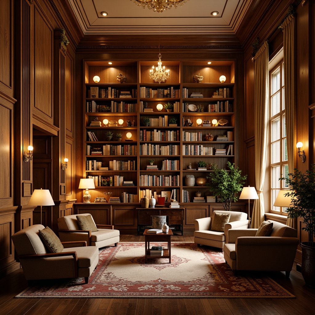 Prompt: Cozy library atmosphere, warm wooden accent walls, rich brown bookshelves, comfortable reading nooks, plush armchairs, soft golden lighting, dramatic floor lamps, vintage rugs, classic literature displays, elegant crown molding, sophisticated architectural details, warm beige colors, inviting textures, 3/4 composition, shallow depth of field, realistic renderings.