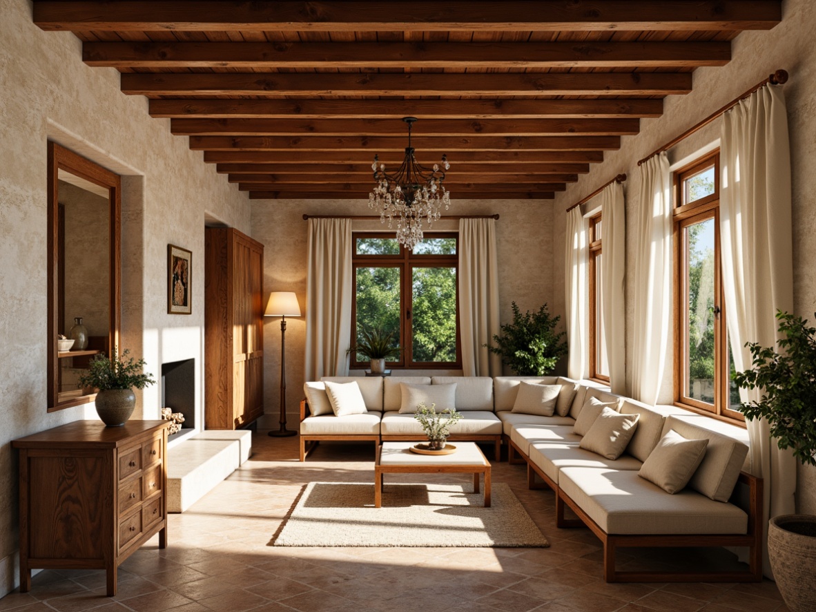 Prompt: Warm Mediterranean villa interior, rustic stone walls, wooden beam ceilings, ornate tile floors, plush furnishings, soft warm lighting, table lamps, floor lamps, pendant lights, crystal chandeliers, bronze fixtures, natural linen shades, sheer curtains, abundant daylight, sunny afternoon, gentle shadows, 1/1 composition, realistic textures, ambient occlusion.