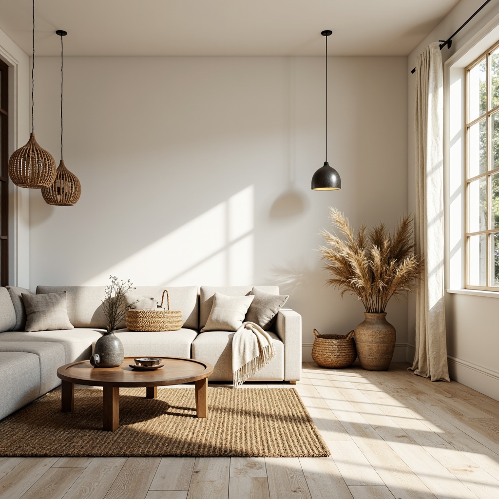 Prompt: Light-filled Nordic living room, minimalistic decor, soft beige walls, bleached wood floors, cozy throw blankets, natural textiles, woven baskets, pendant lamps, industrial metal accents, organic shapes, earthy color palette, calming atmosphere, warm ambient lighting, shallow depth of field, 1/1 composition, realistic textures, subtle reflections.