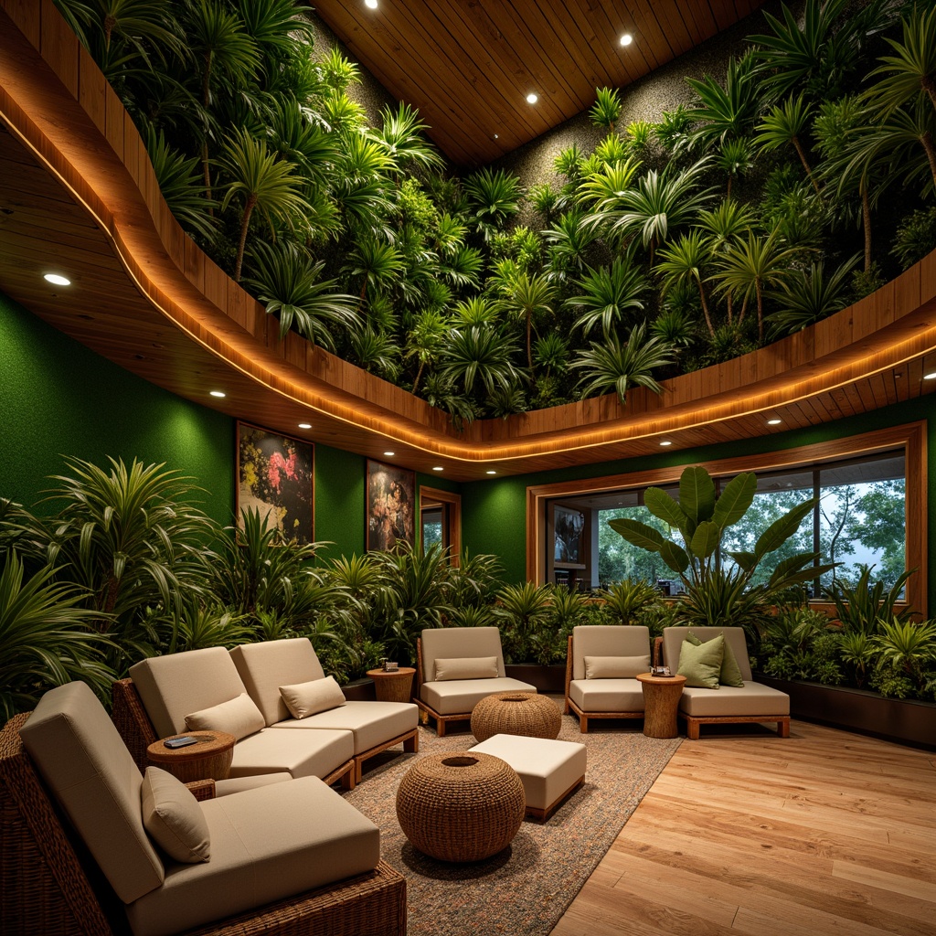 Prompt: Vibrant tropical theater, lush green walls, exotic wood accents, curved lines, natural textiles, woven rattan furniture, warm ambient lighting, soft cushioned seats, intricate wooden carvings, acoustic panels, sound-absorbing materials, professional audio equipment, crystal-clear sound quality, 3/4 composition, shallow depth of field, realistic textures, ambient occlusion.