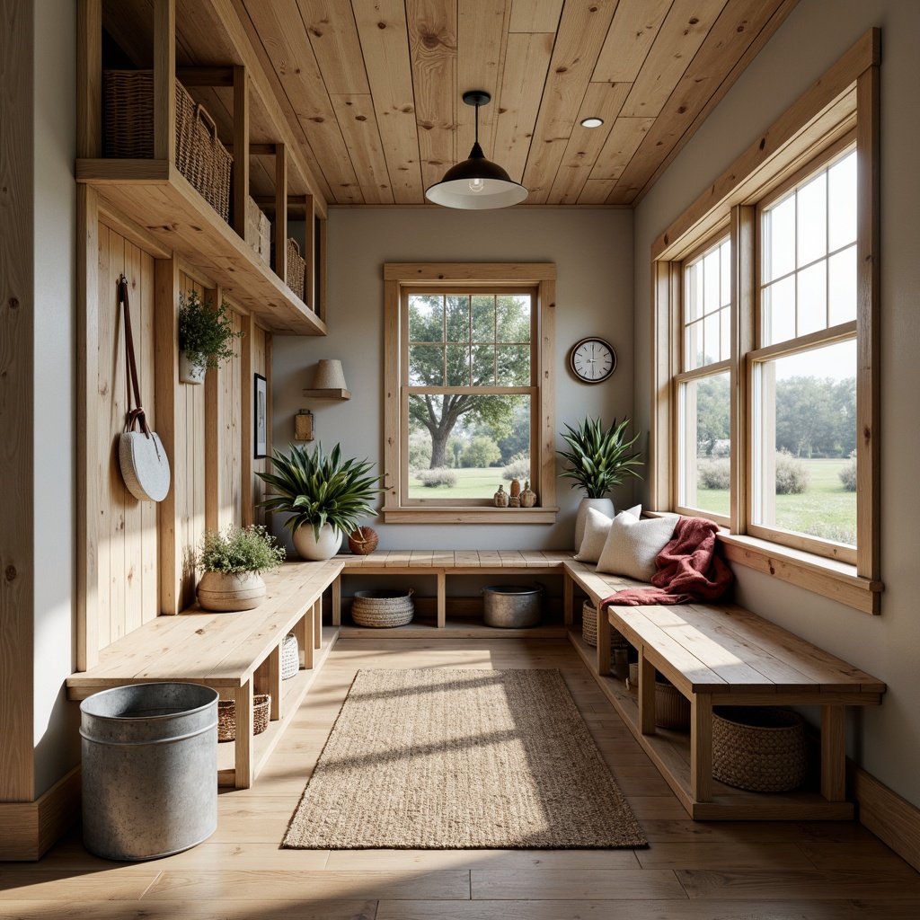 Prompt: Rustic farmhouse mudroom, natural wood accents, vintage metal decorations, woven baskets, distressed finishes, earthy color palette, built-in cabinetry, rustic wooden benches, galvanized metal storage bins, woven textiles, natural fiber rugs, soft warm lighting, shallow depth of field, 3/4 composition, realistic textures, ambient occlusion.