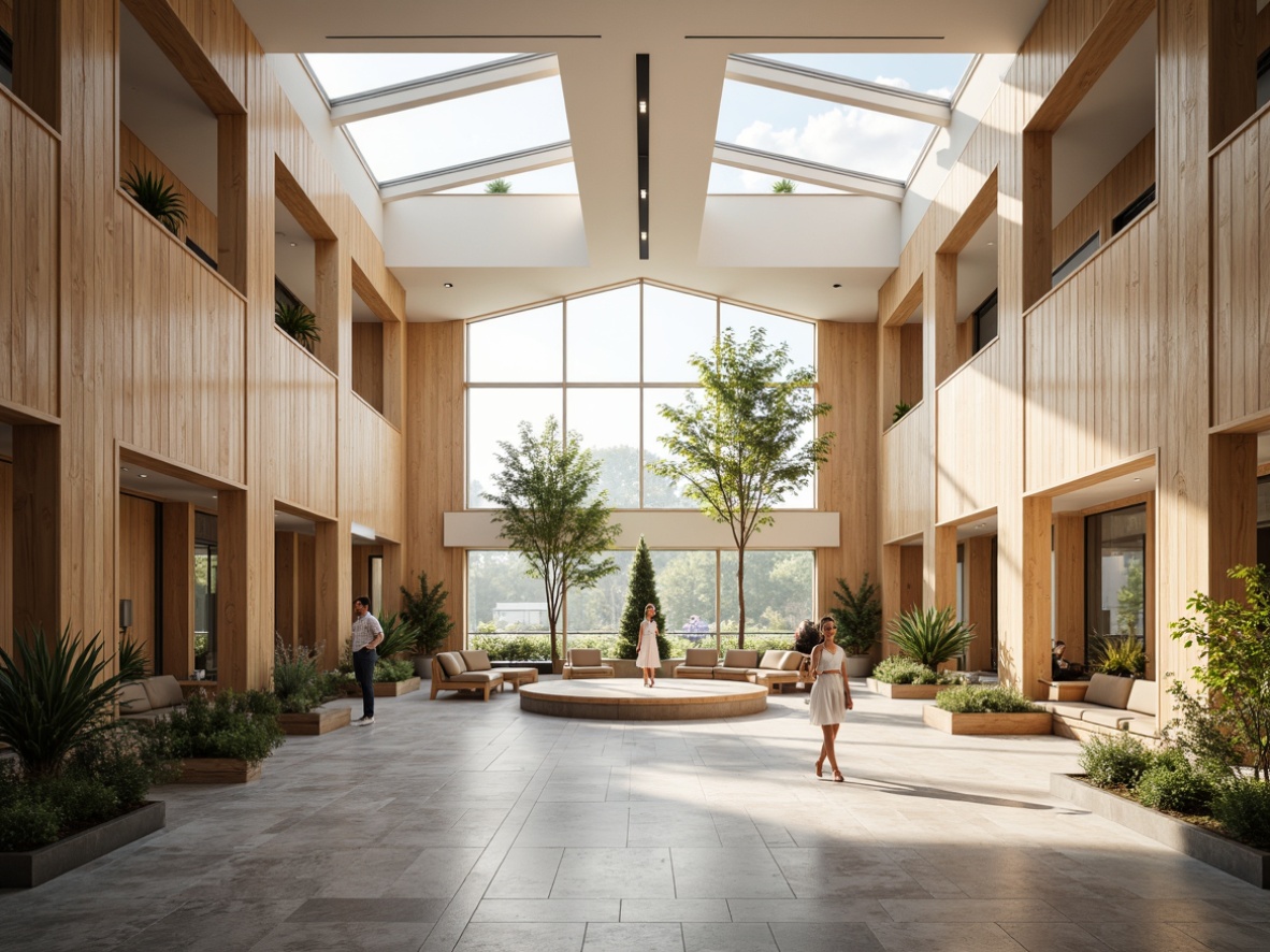 Prompt: Bright courthouse interior, natural light pouring in, high ceilings, wooden accents, minimalist Scandinavian design, clean lines, neutral color palette, clerestory windows, skylights, warm wood tones, stone flooring, comfortable seating areas, greenery, plants, subtle textures, soft shadows, warm ambient lighting, 1/1 composition, shallow depth of field, realistic render.