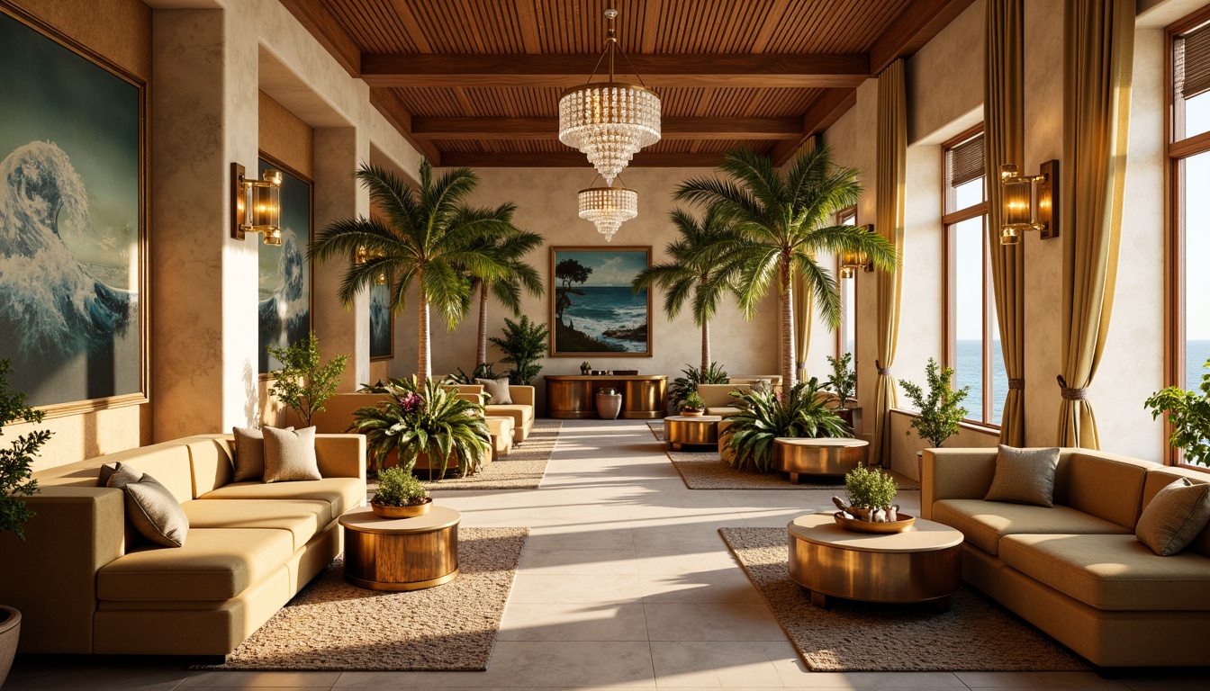 Prompt: Coastal casino interior, warm beige walls, distressed wood accents, natural fiber rugs, plush velvet sofas, golden metallic fixtures, ornate mirrors, crystal chandeliers, lavish curtains, tropical palm trees, ocean-inspired artwork, abstract wave patterns, soft blue-green color palette, warm sunny lighting, shallow depth of field, 1/2 composition, cinematic view, realistic textures, ambient occlusion.