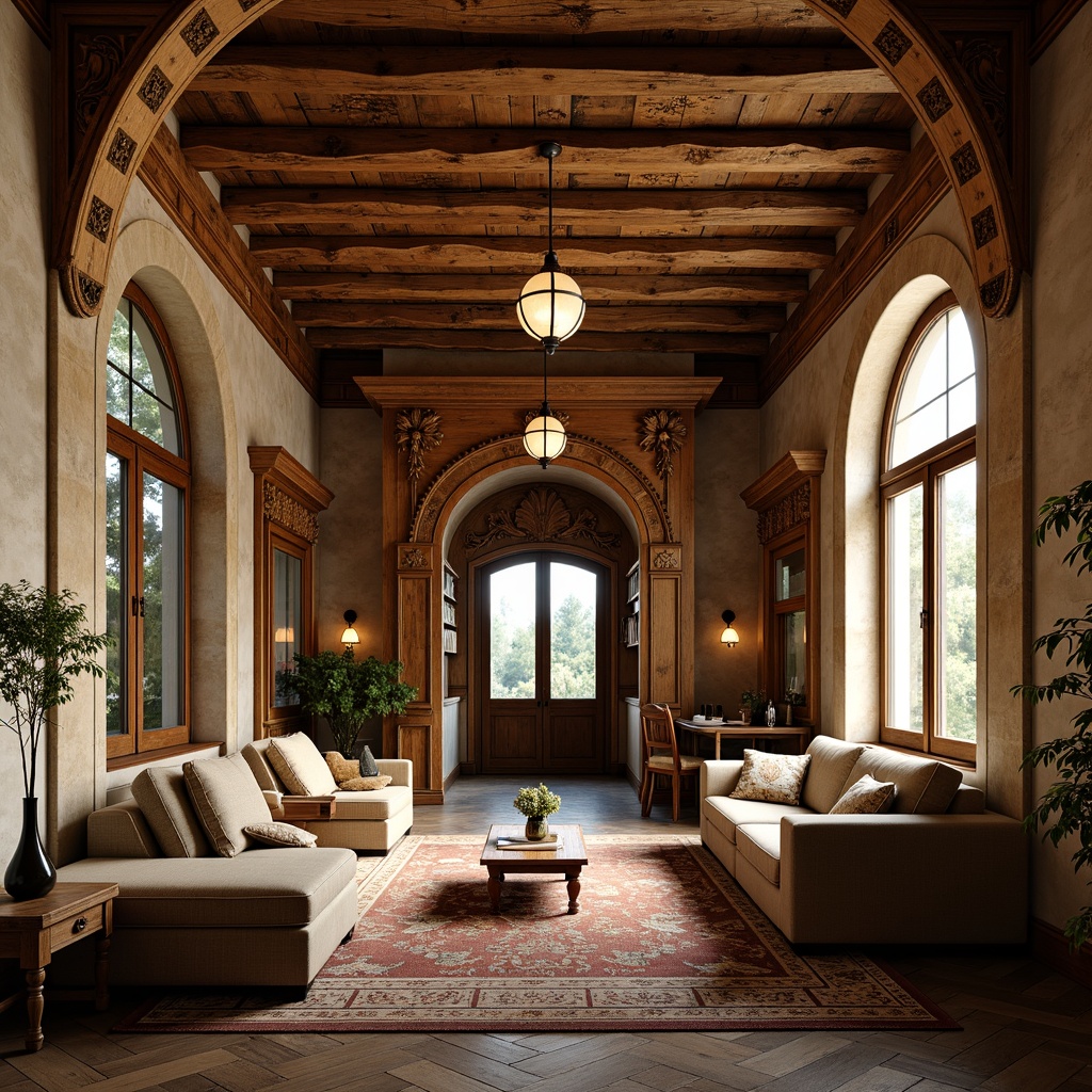 Prompt: Rustic farmhouse, ornate wooden decorations, intricate carvings, lavish furnishings, distressed finishes, vintage accessories, earthy color palette, natural stone walls, exposed wooden beams, grand chandeliers, luxurious fabrics, patterned rugs, antique furniture pieces, classical architectural elements, symmetrical composition, warm golden lighting, soft focus, 1/1 aspect ratio, realistic textures, ambient occlusion.