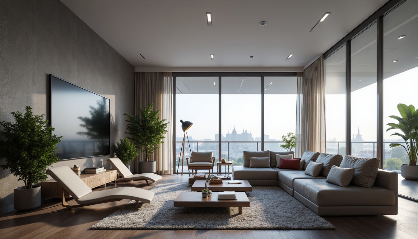 Prompt: Streamlined modern living room, sleek low-profile furniture, polished chrome accents, minimalist decor, curved lines, monochromatic color scheme, plush area rug, floor-to-ceiling windows, sliding glass doors, cityscape views, ambient soft lighting, 1/1 composition, shallow depth of field, realistic textures, subtle gradient effects.