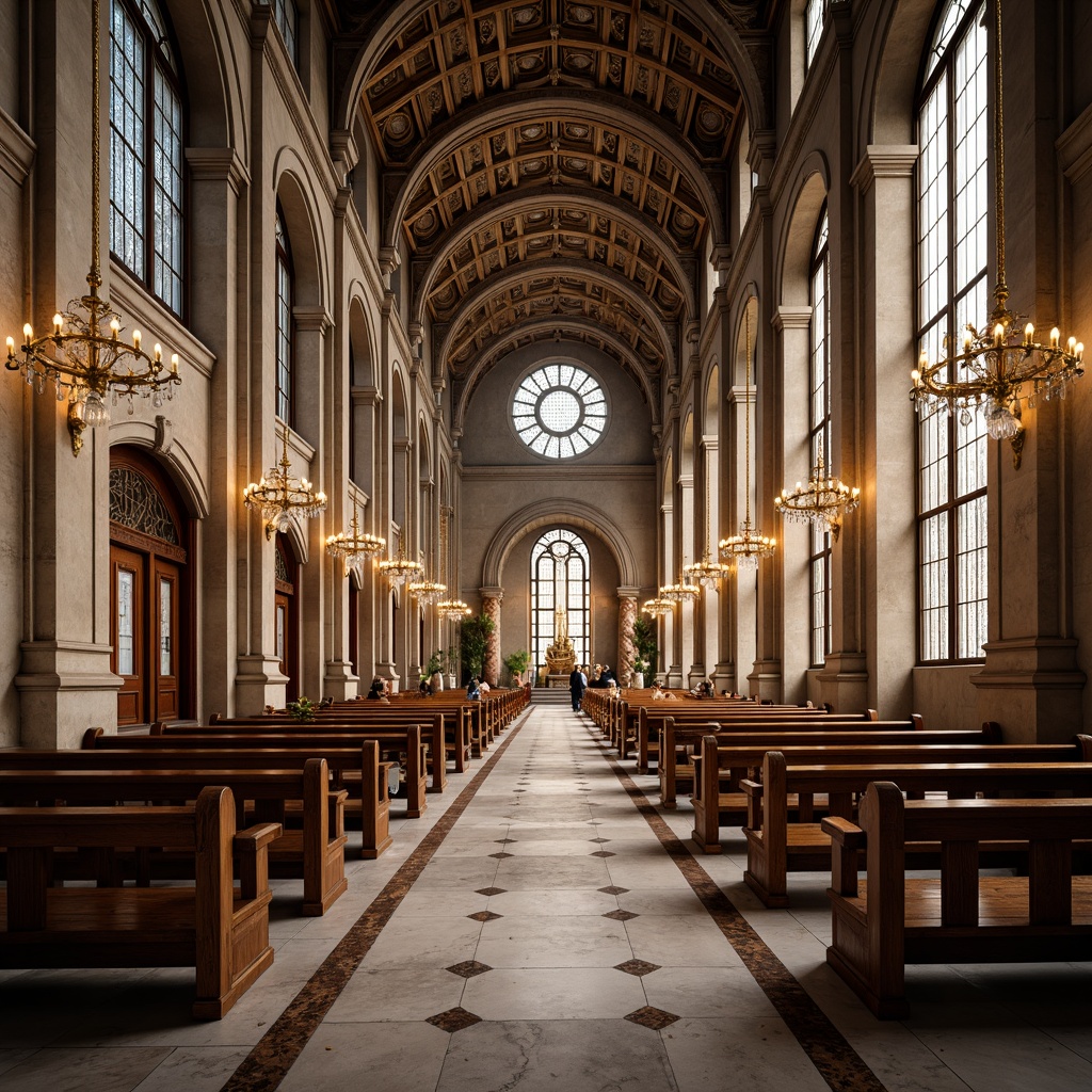 Prompt: Elegant religious architecture, ornate chandeliers, crystal droplets, golden accents, intricately carved wooden pews, stained glass windows, vaulted ceilings, marble floors, ornamental columns, grandiose entranceways, dramatic arches, soft warm lighting, subtle shadows, 1/1 composition, symmetrical framing, realistic textures, ambient occlusion.