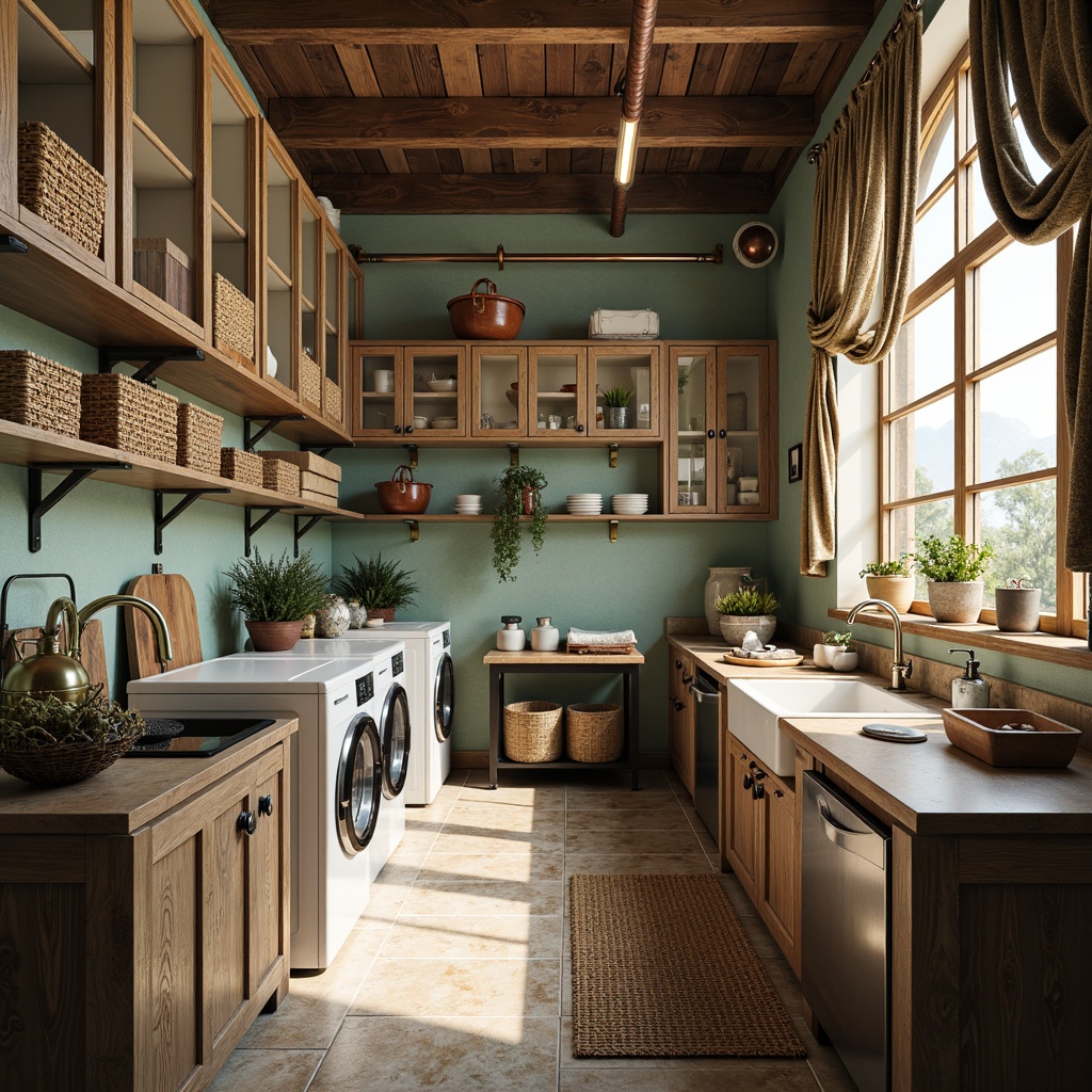 Prompt: Whimsical laundry room, eclectic mix of materials, distressed wood cabinets, vintage metal appliances, rusty industrial pipes, soft pastel-colored walls, woven wicker baskets, natural stone countertops, glazed ceramic tiles, ornate metal fixtures, rich velvet drapes, warm brass lighting, softbox lighting, shallow depth of field, 1/2 composition, realistic textures, ambient occlusion.