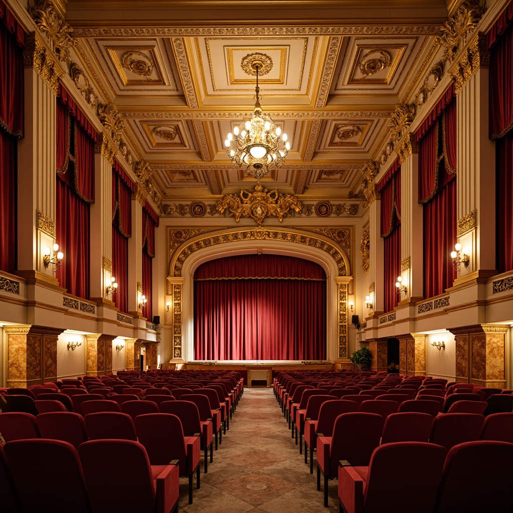 Prompt: Ornate auditorium, rich wood paneling, luxurious velvet drapes, golden ornamental details, classic architectural elements, intricate moldings, warm beige walls, soft box seating, elegant chandeliers, subtle ambient lighting, 1/1 composition, shallow depth of field, realistic textures, natural stone floors, decorative pilasters, carved wooden accents, opulent furniture upholstery, lavish textiles, traditional European-inspired design.