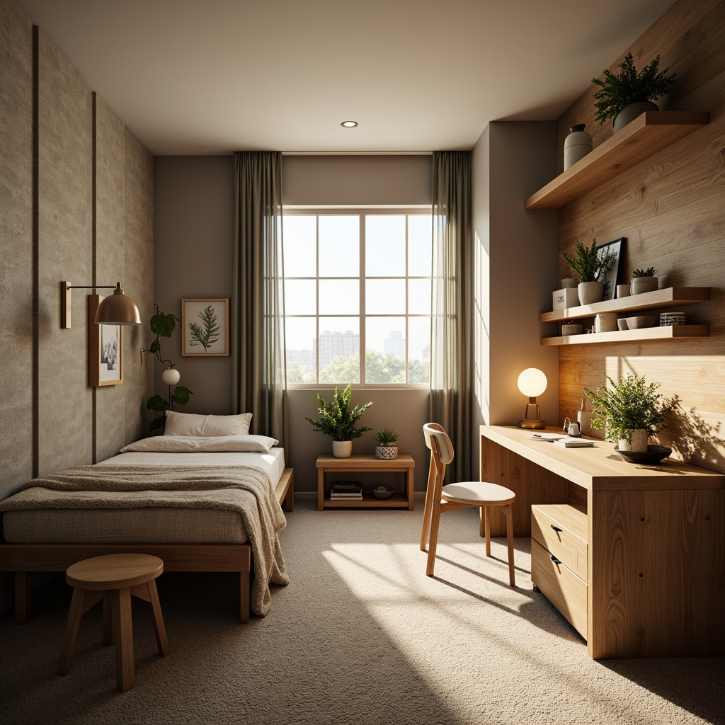 Prompt: Cozy dorm room, sound-absorbing panels, acoustic foam walls, soft carpet flooring, minimalistic furniture, calming color scheme, warm ambient lighting, plush bedding, decorative sound-diffusing plants, modern minimalist desk, ergonomic chair, geometric-shaped bookshelf, subtle wood grain textures, natural fabric upholstery, soft-close cabinetry, peaceful atmosphere, 1/2 composition, warm softbox lighting, realistic renderings.