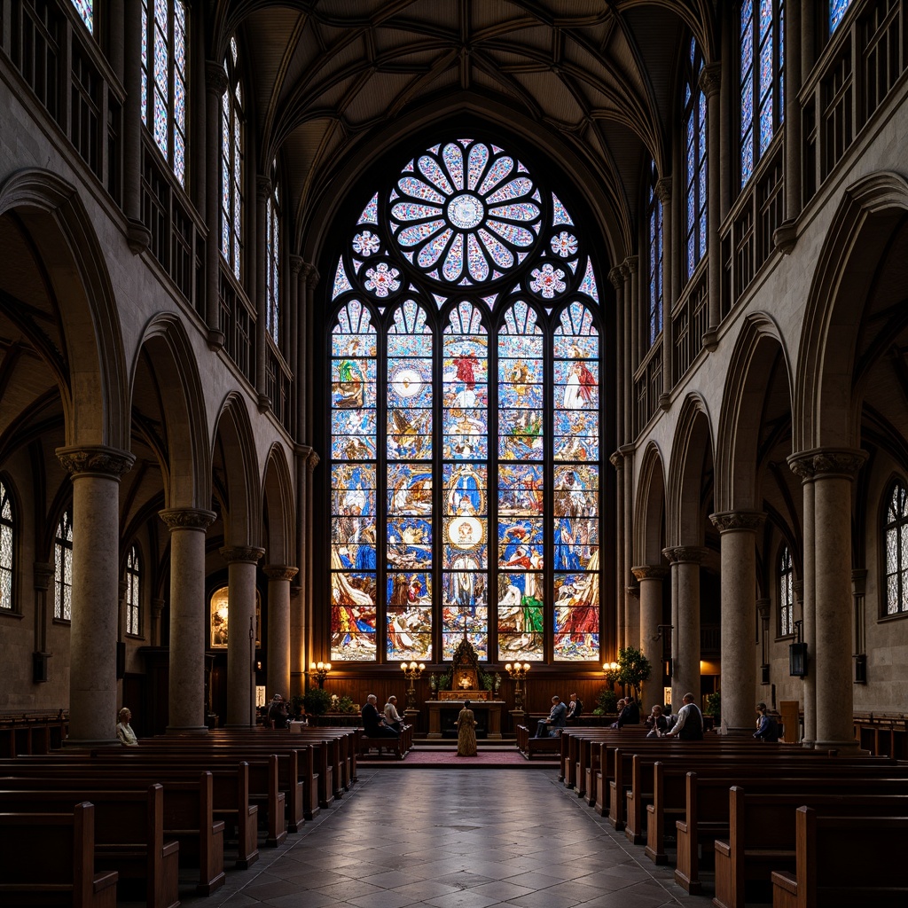 Prompt: Intricate stained glass windows, ornate Gothic arches, vibrant jewel-toned colors, subtle religious symbolism, classical architectural details, grand cathedral settings, ornamental stone carvings, mystical ambiance, soft warm lighting, dramatic shading, rich textures, 1/1 composition, symmetrical framing, atmospheric perspective, realistic reflections.