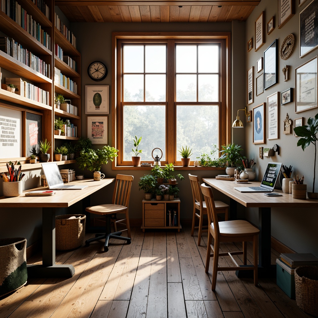 Prompt: Cozy craft room, wooden desks, ergonomic chairs, abundant natural light, organized storage shelves, creative inspirational quotes, motivational academic posters, neatly arranged art supplies, colorful paper racks, decorative pencil holders, rustic wooden floors, soft warm lighting, 1/1 composition, intimate atmosphere, realistic textures, ambient occlusion.