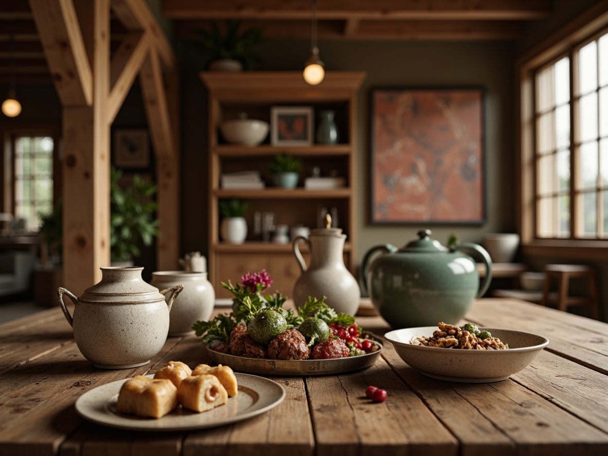 Prompt: Earthy tones, natural textures, wooden accents, warm beige, rustic red, mossy green, creamy whites, distressed finishes, vintage metalware, classic ornate details, cozy cabin atmosphere, soft warm lighting, shallow depth of field, 2/3 composition, realistic wood grains, ambient occlusion.