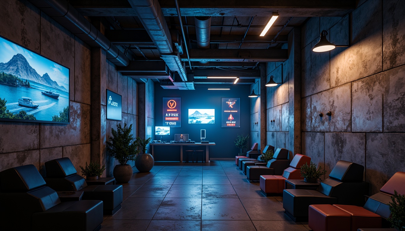 Prompt: Dark game room, brutalist architecture, exposed concrete walls, metallic beams, industrial-style lighting, neon signs, dimmable spotlights, LED strip lights, futuristic ambiance, high-tech gadgets, sleek gaming stations, minimal decor, raw textures, cold color tones, dramatic shadows, low-key lighting, cinematic atmosphere, 1/1 composition, shallow depth of field, realistic rendering.