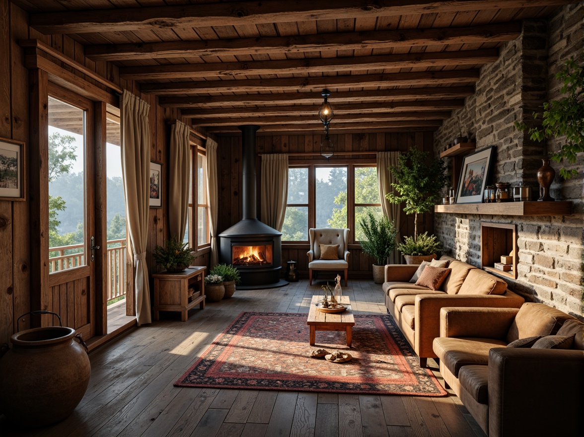 Prompt: Rustic cabin, wooden accents, natural stone walls, earthy color palette, distressed wood beams, vintage metal fixtures, worn leather furniture, cozy fireplace, lantern-style lighting, rural landscape, dense forest surroundings, misty morning atmosphere, warm soft focus, 1/2 composition, shallow depth of field, realistic textures, ambient occlusion.