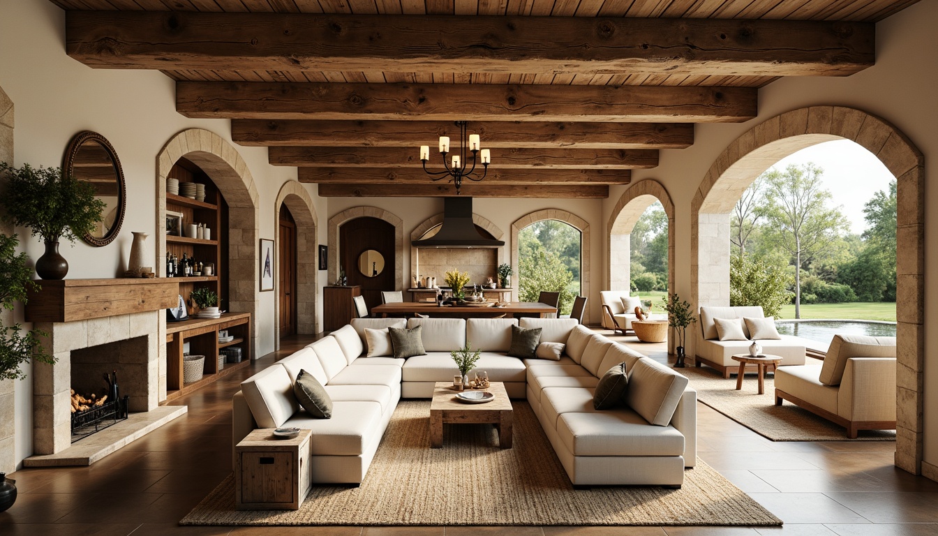 Prompt: Rustic wooden beams, stone fireplace, plush sectional sofas, natural fiber rugs, warm beige walls, creamy white trim, distressed wood accents, vintage furniture pieces, elegant chandeliers, soft warm lighting, shallow depth of field, 1/2 composition, panoramic view, realistic textures, ambient occlusion, French country style decor, farmhouse-inspired kitchen, large island countertops, butler's pantry, wine storage racks, rich wood tones, ornate metalwork, natural stone flooring, floor-to-ceiling windows, sliding glass doors, lush greenery views.