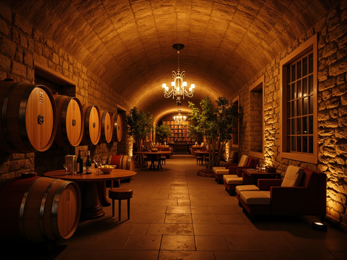 Prompt: Warm winery interior, rustic wooden barrels, dimly lit ambiance, soft golden lighting, cozy atmosphere, stone walls, vaulted ceilings, rich wood tones, comfortable seating areas, intimate gathering spaces, wine cellar aesthetics, earthy color palette, subtle shadows, warm candlelight, elegant chandeliers, dramatic ceiling heights, natural textures, organic shapes, relaxed mood, inviting warmth, 1/2 composition, shallow depth of field, realistic reflections.