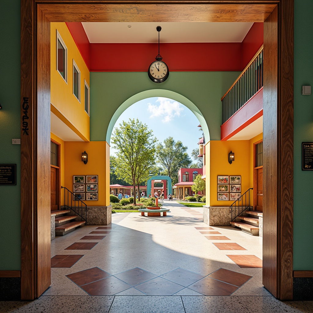 Prompt: Vibrant elementary school, Art Deco style, ornate metal door handles, geometric patterned floor tiles, bright colorful walls, rounded corner windows, decorative ceiling molding, classic clock tower, grand entrance stairs, terrazzo flooring, ornamental railings, vintage-inspired lighting fixtures, lively student artwork displays, cheerful playground equipment, sunny afternoon light, shallow depth of field, 3/4 composition, panoramic view, realistic textures, ambient occlusion.