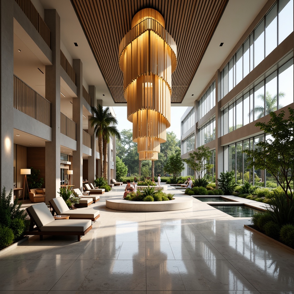 Prompt: Luxurious hotel lobby, high ceilings, grand chandeliers, spacious open areas, sleek modern furniture, polished marble floors, floor-to-ceiling windows, natural light pouring in, lush greenery, tropical plants, water features, koi ponds, grand staircases, elegant corridors, minimalist decor, warm color schemes, ambient lighting, 3/4 composition, shallow depth of field, panoramic view, realistic textures, soft focus effect.