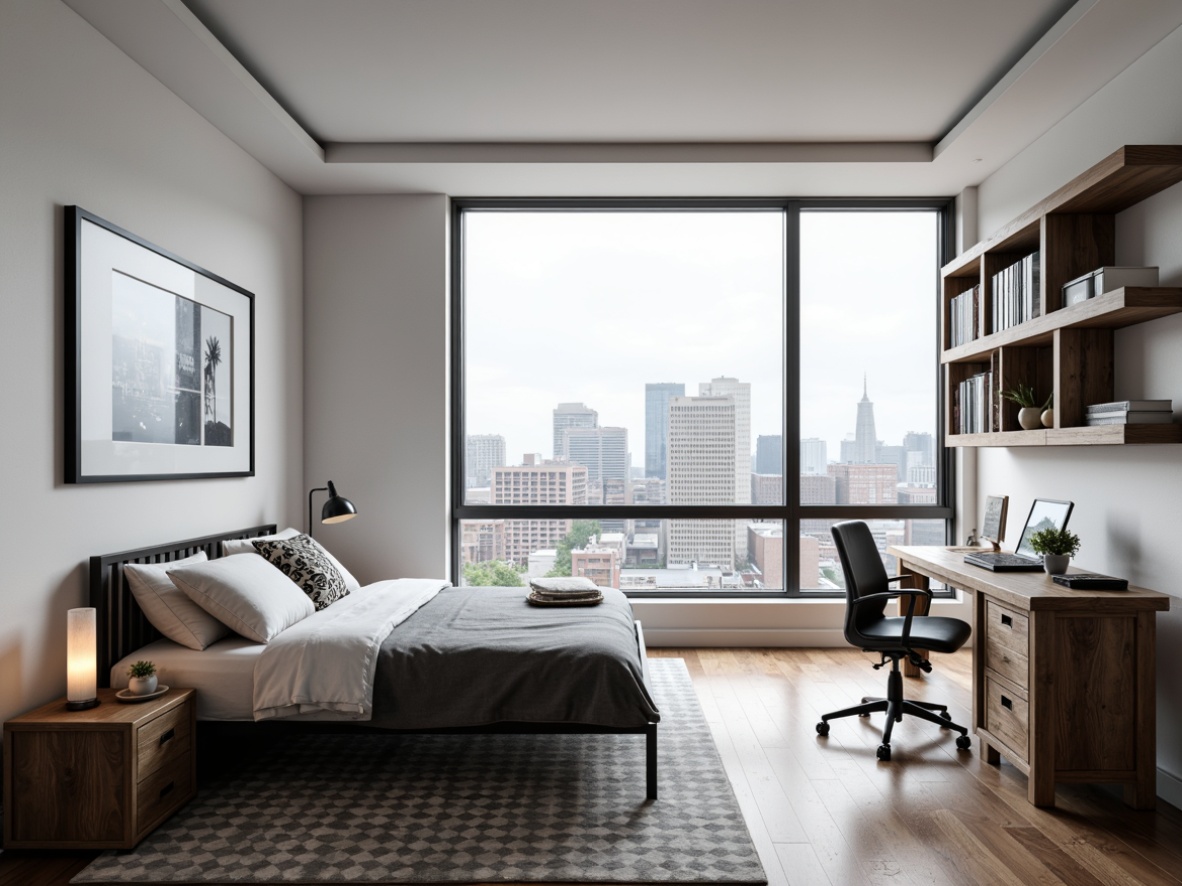 Prompt: Minimalist dorm room, monochromatic color scheme, industrial chic furniture, metal frame bed, reclaimed wood desk, ergonomic chair, geometric patterned rug, urban cityscape view, floor-to-ceiling windows, natural light, soft box lighting, shallow depth of field, 1/1 composition, panoramic view, realistic textures, ambient occlusion.