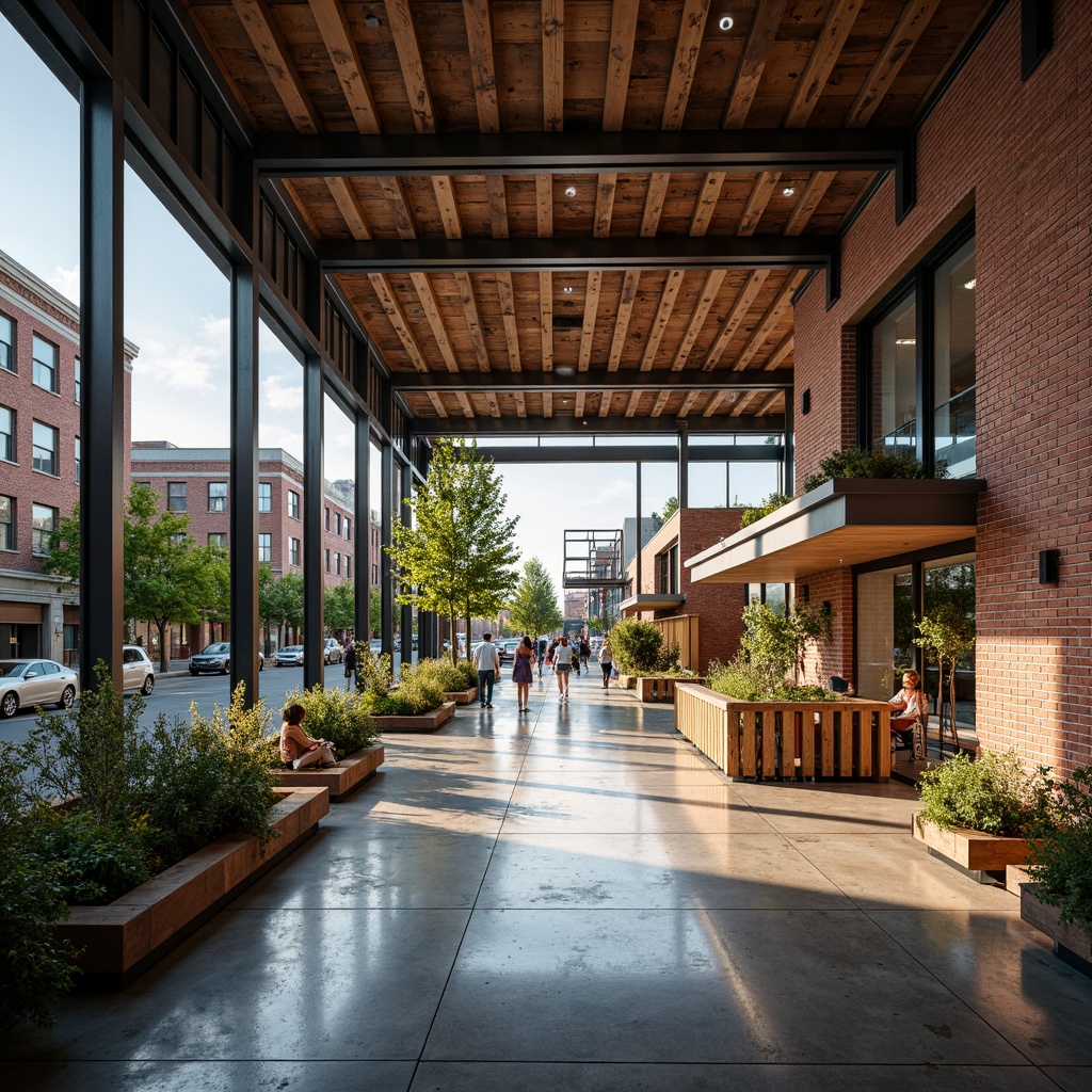 Prompt: Rustic cultural center, exposed brick fa\u00e7ade, industrial metal beams, polished concrete floors, reclaimed wood accents, floor-to-ceiling windows, minimalist d\u00e9cor, natural light pouring in, urban cityscape views, bustling streets, vibrant street art, eclectic neighborhood, warm afternoon lighting, shallow depth of field, 1/1 composition, symmetrical framing, realistic textures, ambient occlusion.