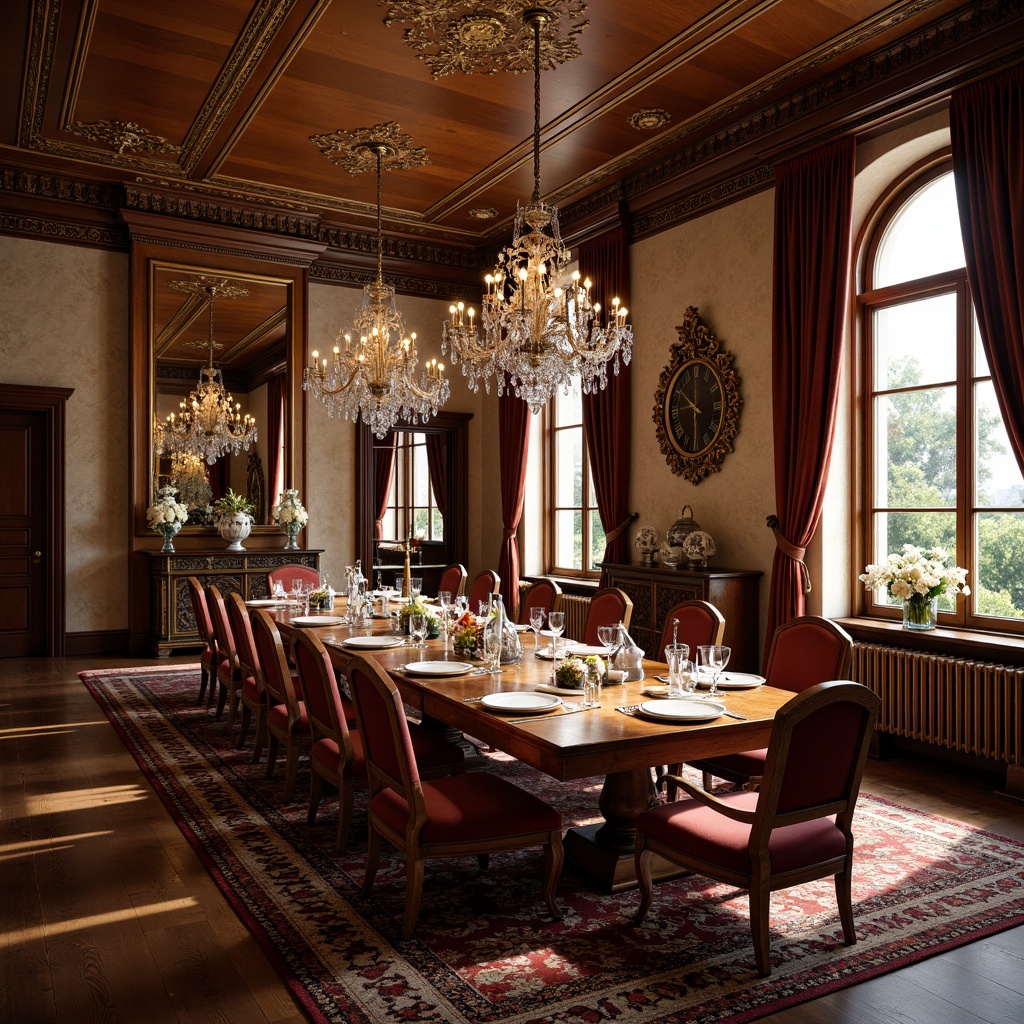 Prompt: Rich wood tones, ornate carvings, luxurious fabrics, crystal chandeliers, grand dining tables, velvet upholstered chairs, intricate patterns, warm golden lighting, soft shadows, classical music, elegant centerpieces, fine china displays, antique clocks, rustic stone walls, dark hardwood floors, plush area rugs, refined metal accents, sophisticated color schemes.