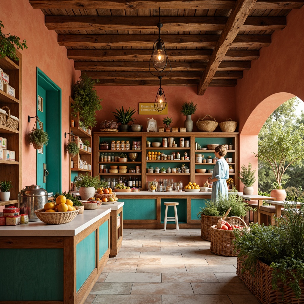 Prompt: Warm Mediterranean grocery store, earthy terracotta walls, rustic wooden shelves, vibrant turquoise accents, natural stone flooring, woven wicker baskets, olive green produce stands, sun-kissed lemon yellow signage, creamy white marble countertops, distressed metal lanterns, soft warm lighting, shallow depth of field, 1/1 composition, realistic textures, ambient occlusion.