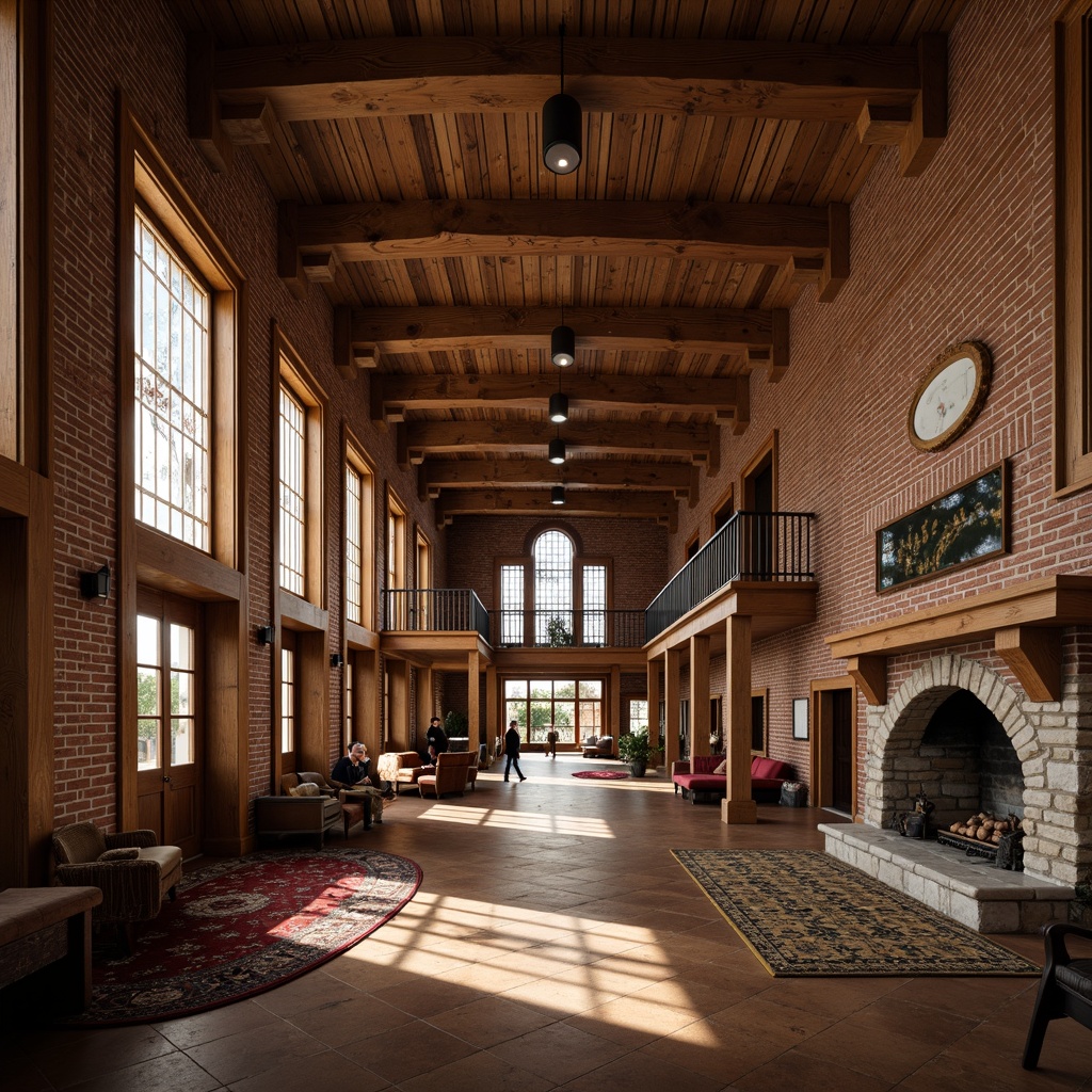 Prompt: Rustic hall interior, wooden beam ceiling, exposed brick walls, ornate wooden trim, decorative metalwork, stained glass windows, rich wood tones, natural stone fireplaces, handcrafted furniture, plush area rugs, warm ambient lighting, shallow depth of field, 2/3 composition, realistic textures, ambient occlusion.