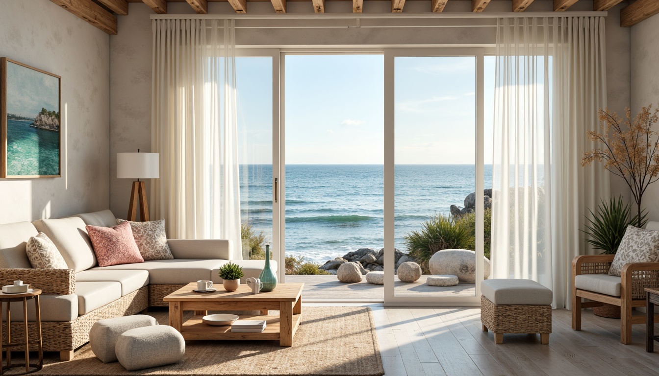 Prompt: \Soothing coastal interior, calming ocean views, gentle sea breeze, driftwood accents, natural textures, woven fibers, soft whites, creamy beiges, misty blues, seafoam greens, warm sandy neutrals, rustic wooden furniture, distressed finishes, vintage nautical decor, shell-inspired patterns, coral pink hues, iridescent glass accents, subtle shimmer effects, shallow depth of field, 1/1 composition, softbox lighting, realistic reflections.\